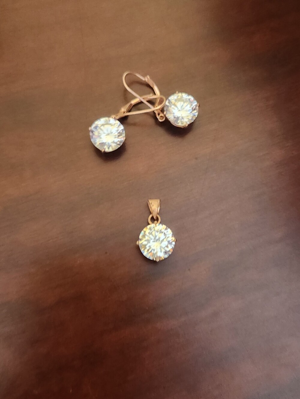 Gold Drop Cubic Zirconia Earrings and Pendant Set - Sparkling White Stones